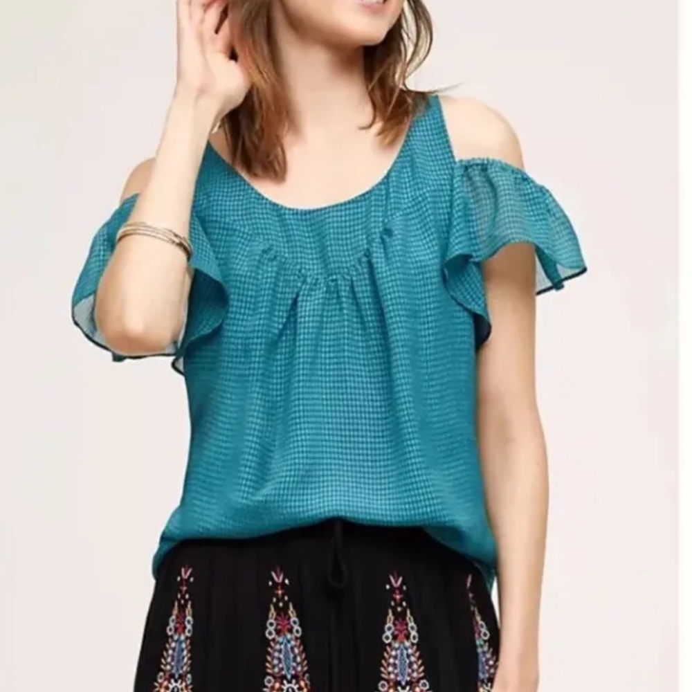 Maeve Anthropologie Tavin Teal Blue Ruffle Cold Shoulder Top Blouse size 0